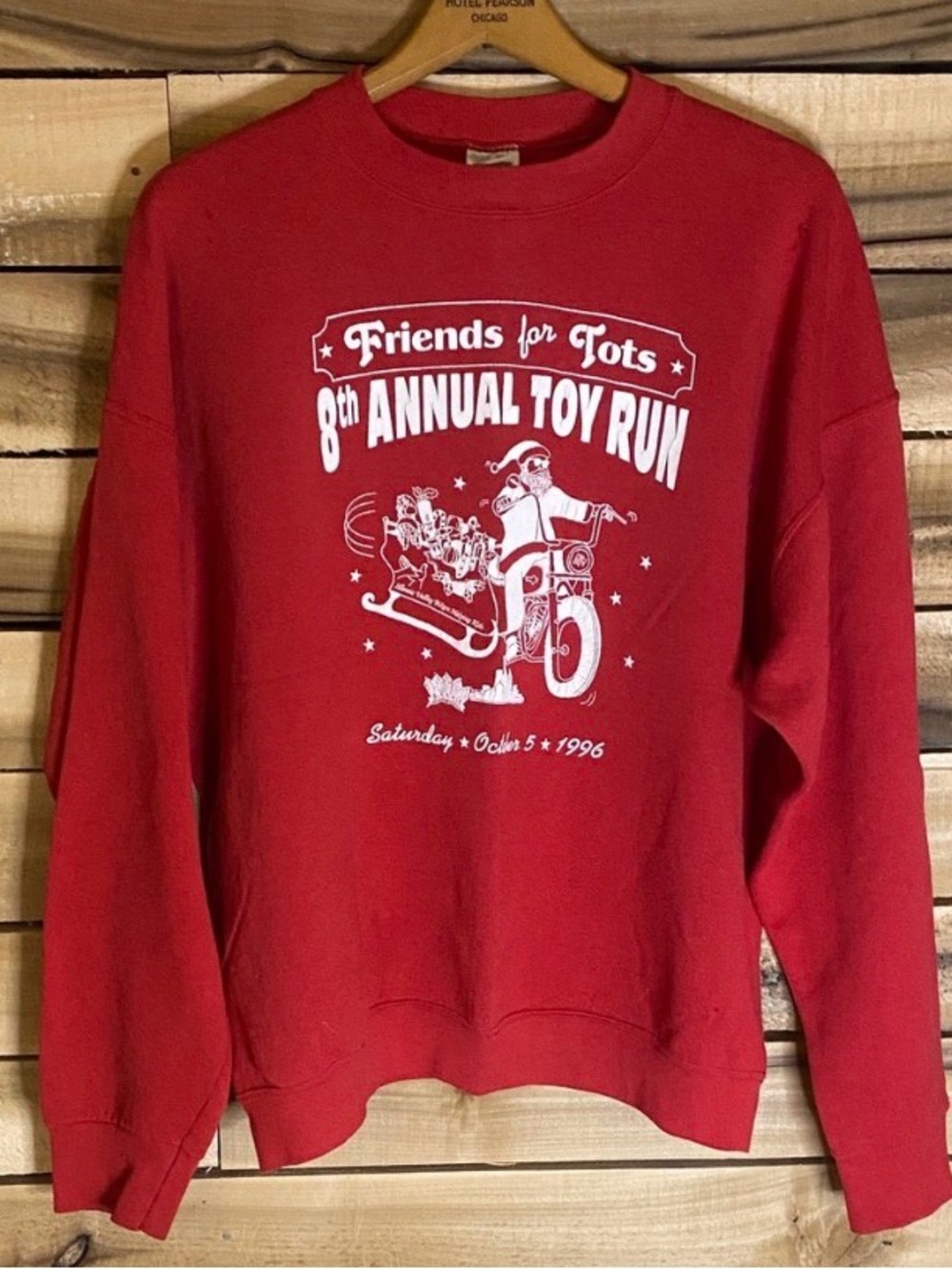 Vintage 90s Friends for Tots Motorcycle toy run Red Sweatshirt XL distressed